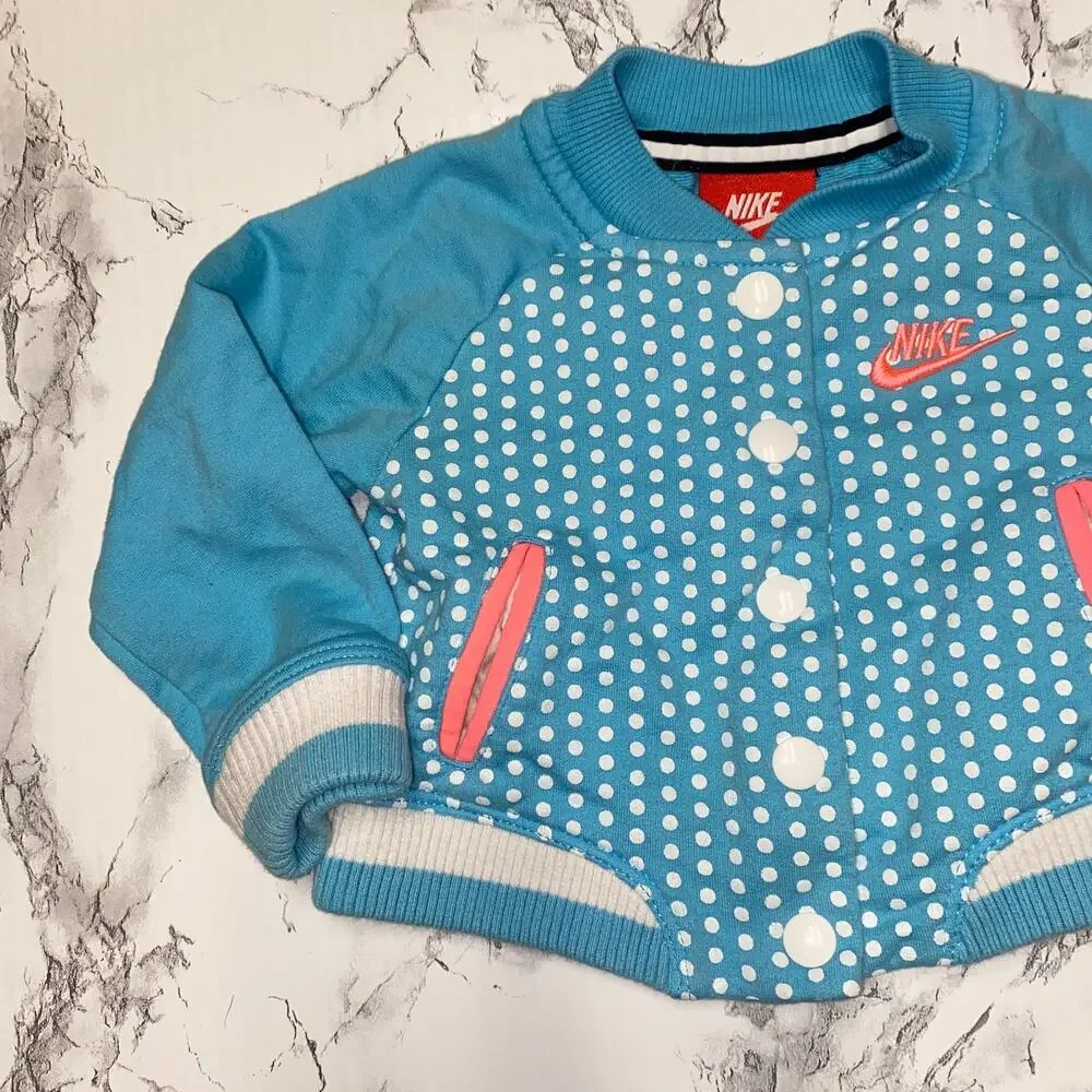 Nike Girls Blue Pink Polka Dot Snap Button Bomber Jacket Lightweight 6-9 Months